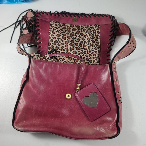 Sharif Studio Red Leather Black Fringe BOHO Hippie Vintage Bag Crossbody Purse - Picture 5 of 7